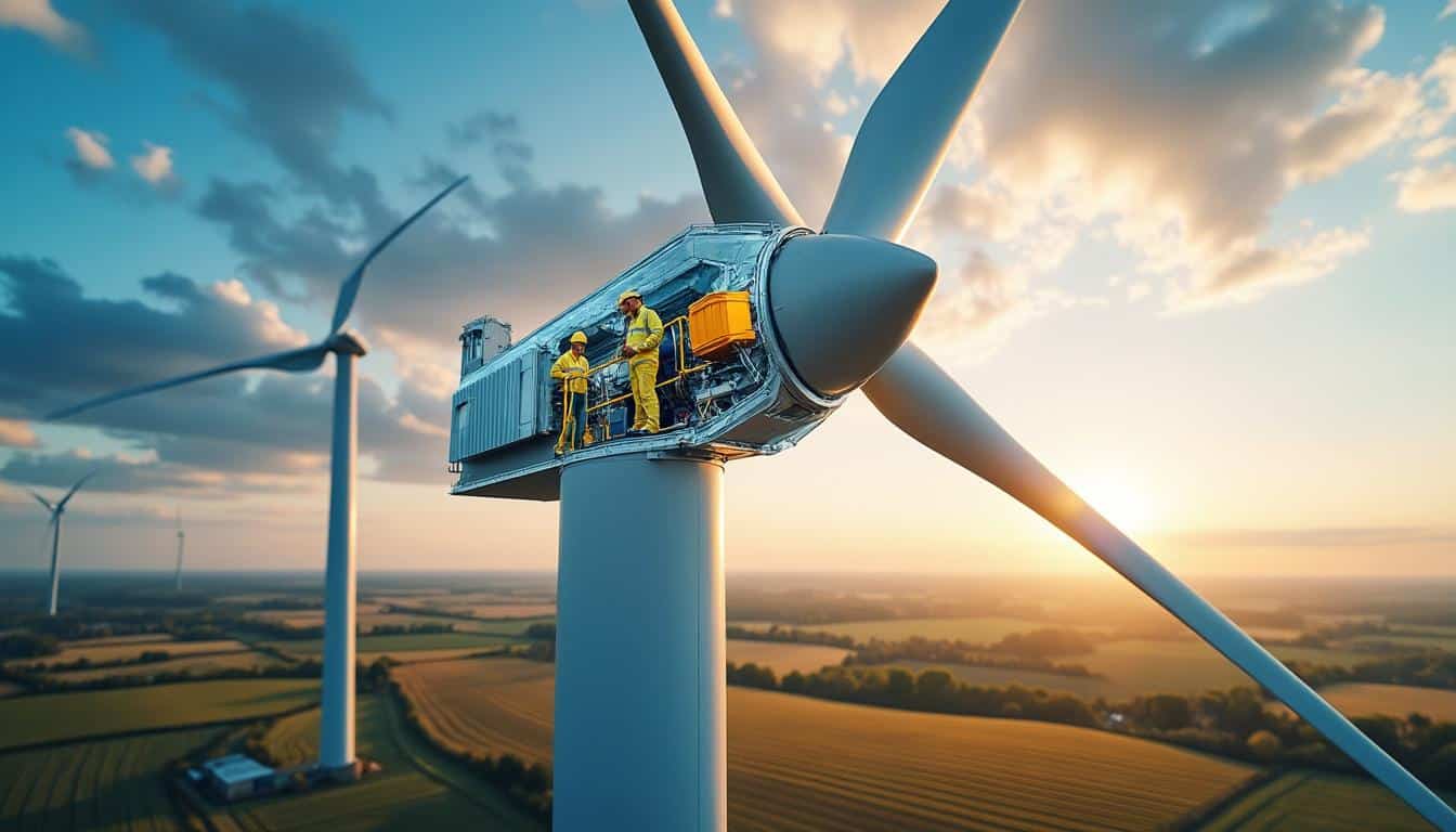 Illustration: Fonctionnement détaillé d’une éolienne pour produire de l’électricité avec le vent